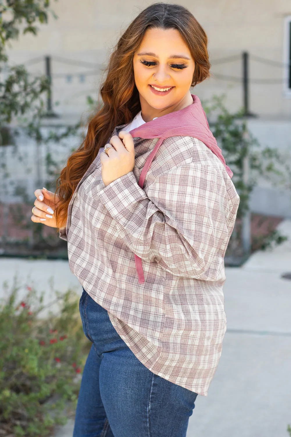 Plaid Hooded Button-up Plus Size Shirt