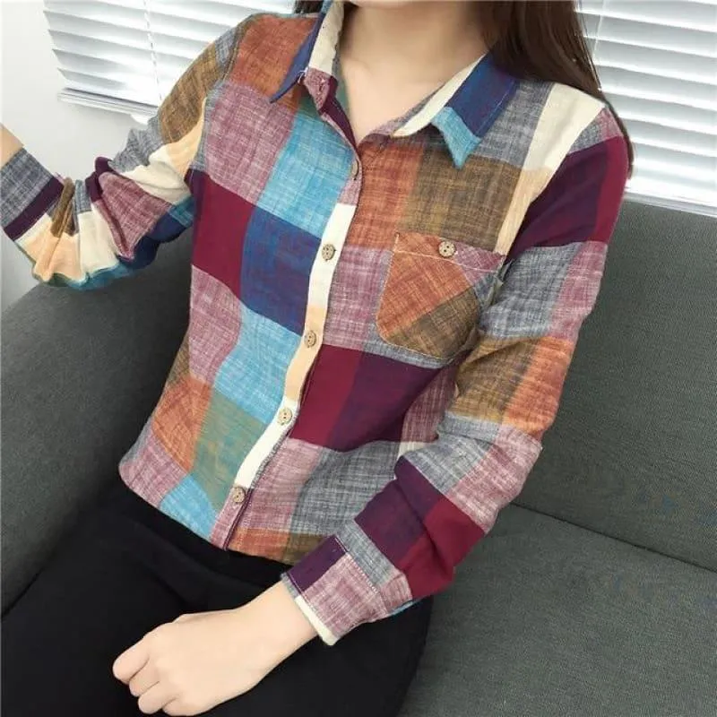 Plaid Kimono Vintage Linen Cotton Long Sleeve Blouse