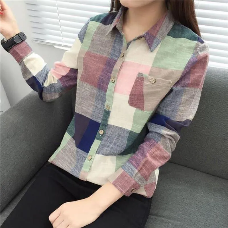 Plaid Kimono Vintage Linen Cotton Long Sleeve Blouse