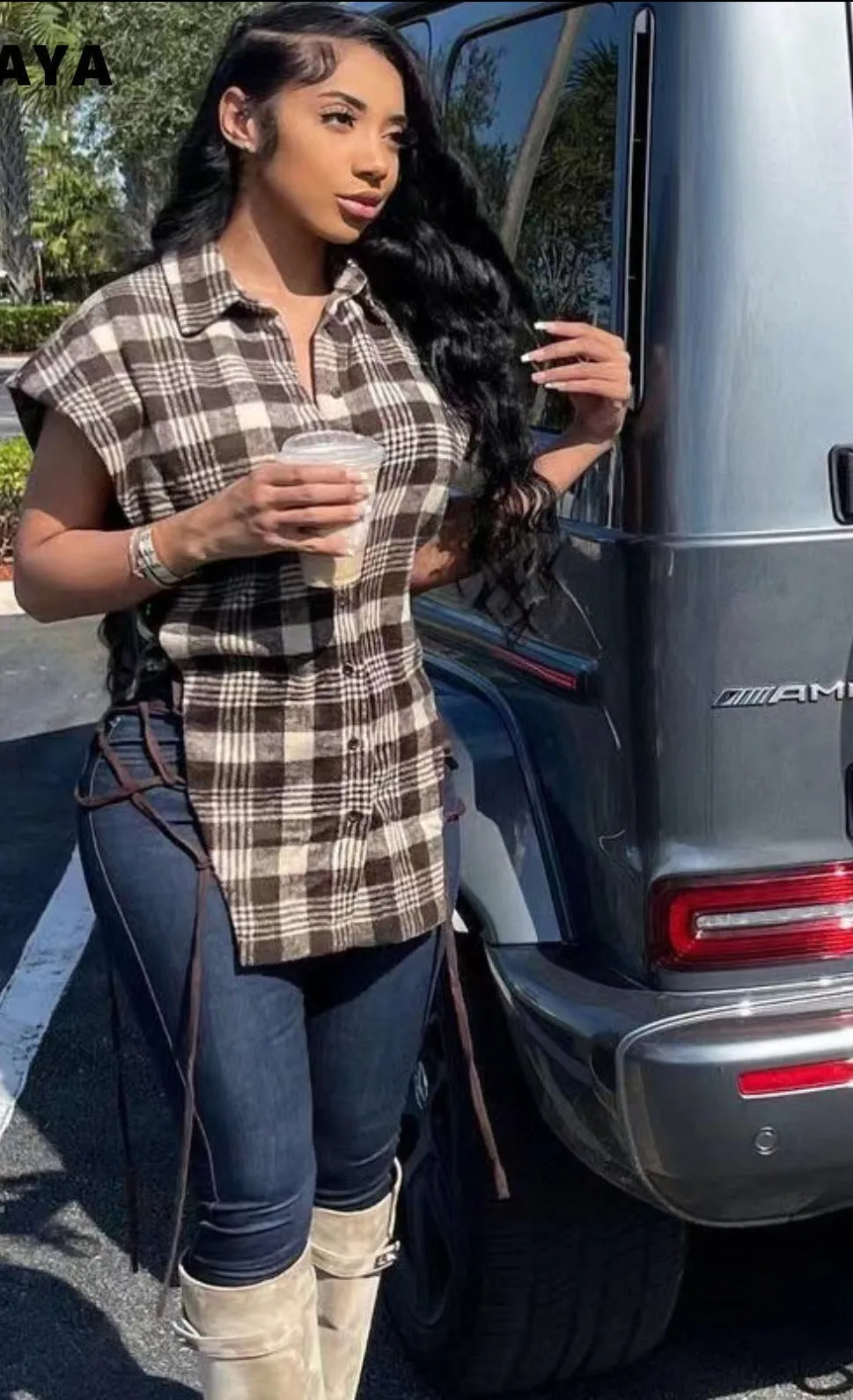 Plaid Lace Up Side Hollow Out Sexy Shirt