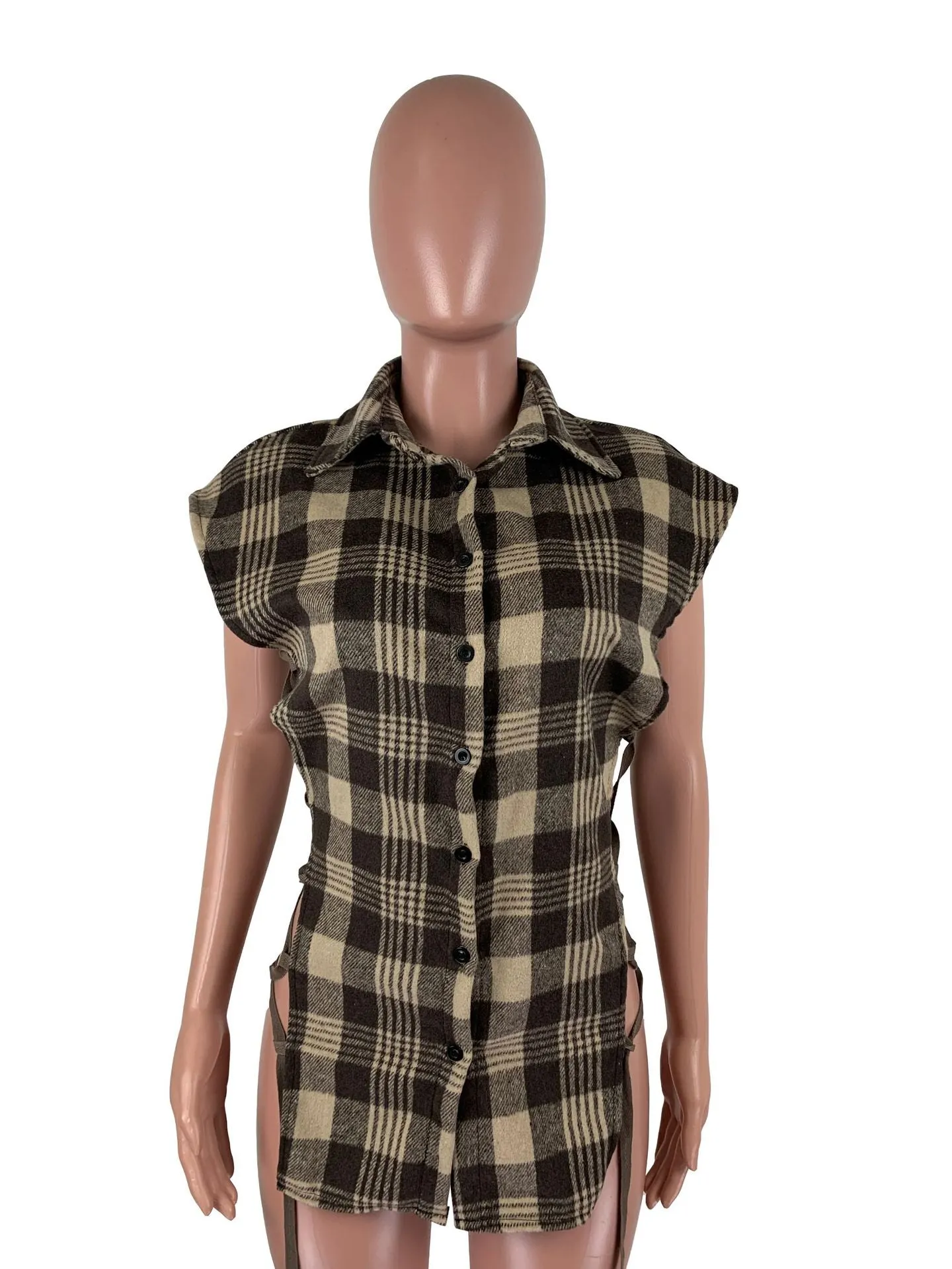 Plaid Lace Up Side Hollow Out Sexy Shirt