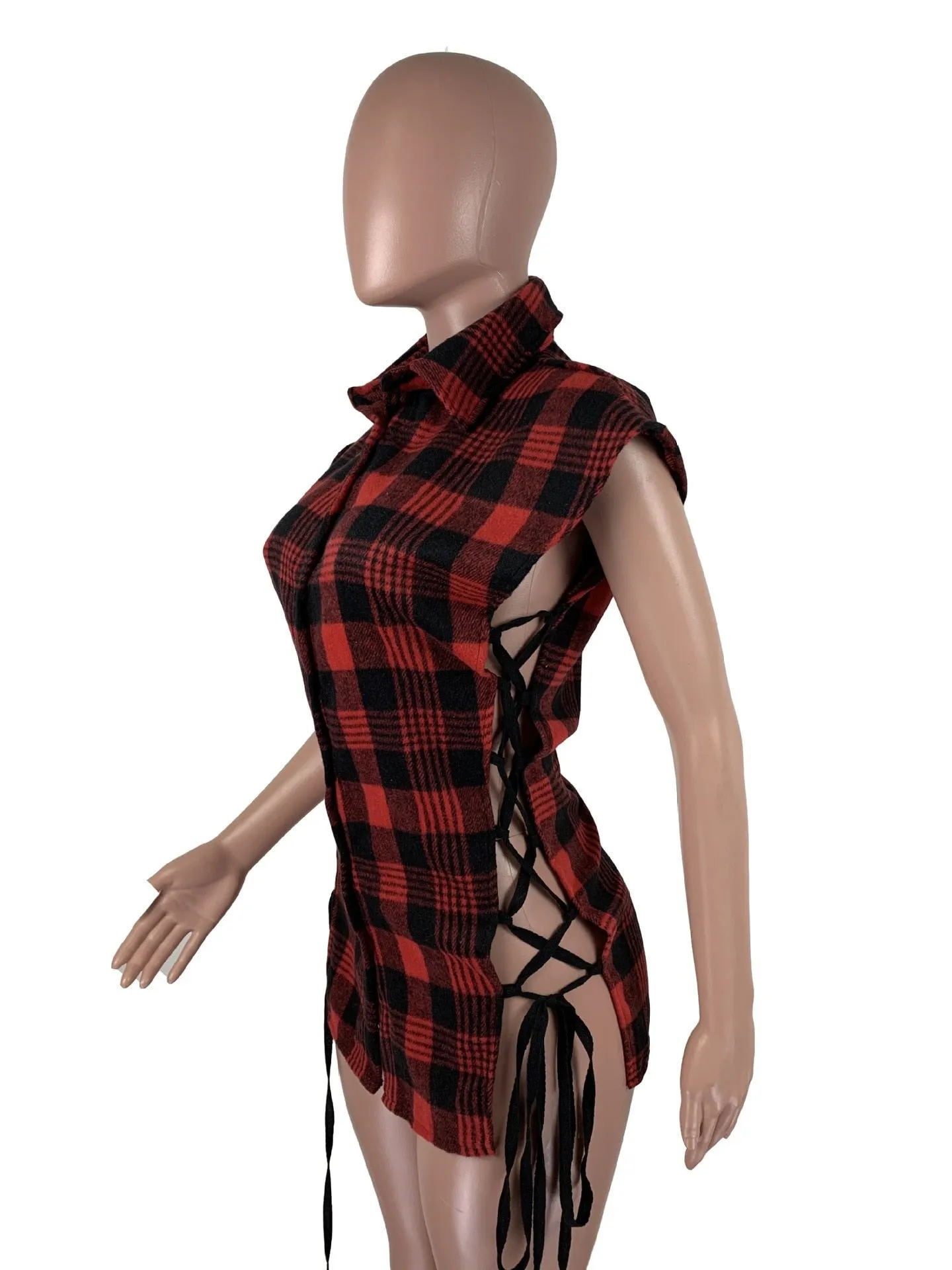Plaid Lace Up Side Hollow Out Sexy Shirt