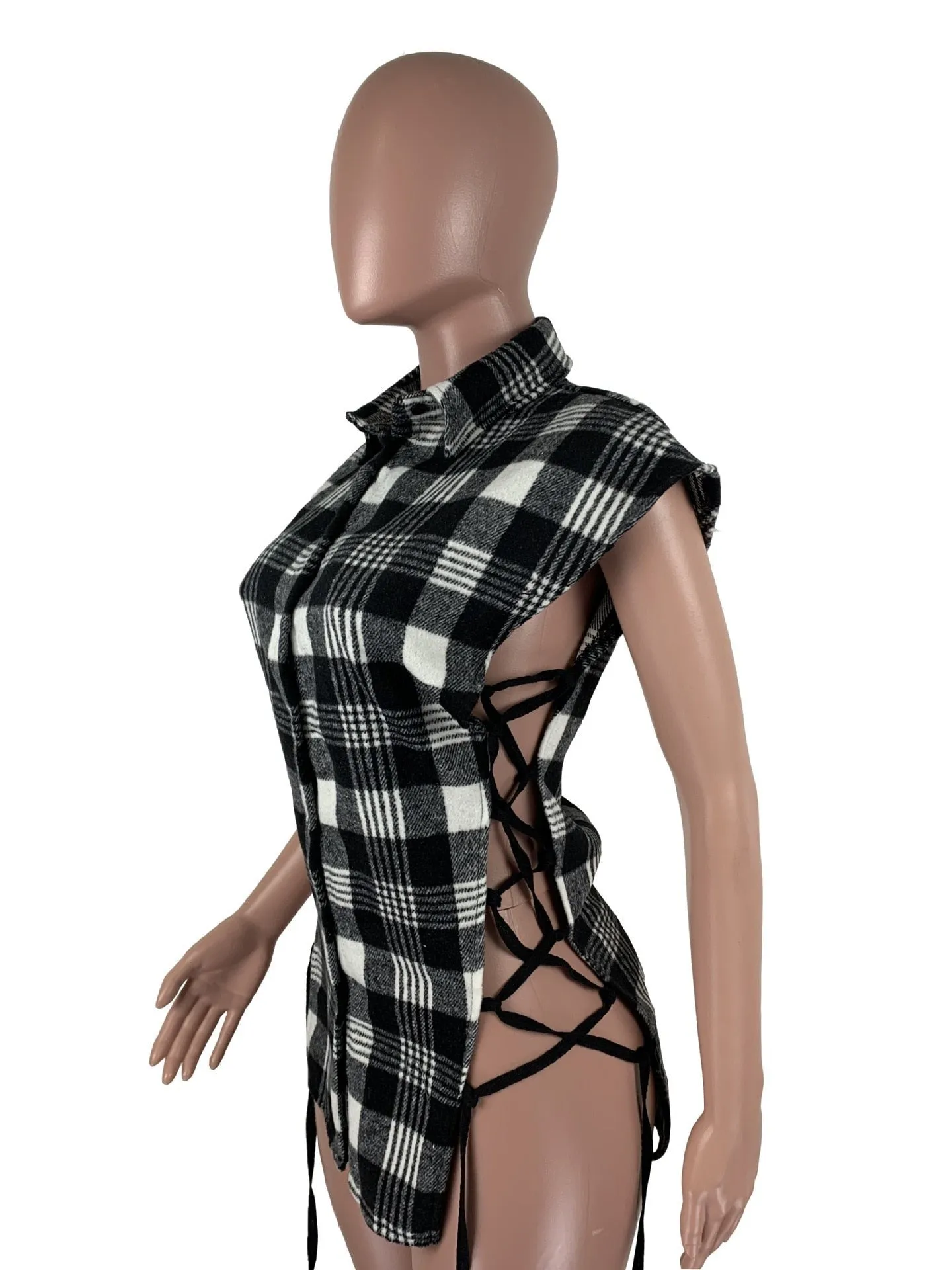 Plaid Lace Up Side Hollow Out Sexy Shirt