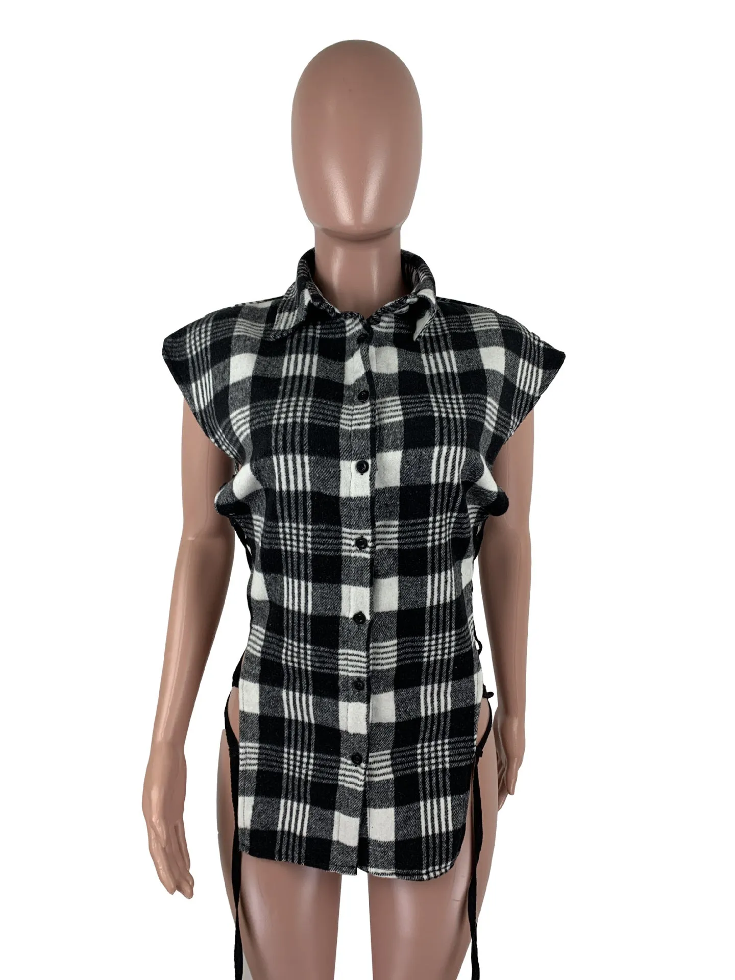 Plaid Lace Up Side Hollow Out Sexy Shirt