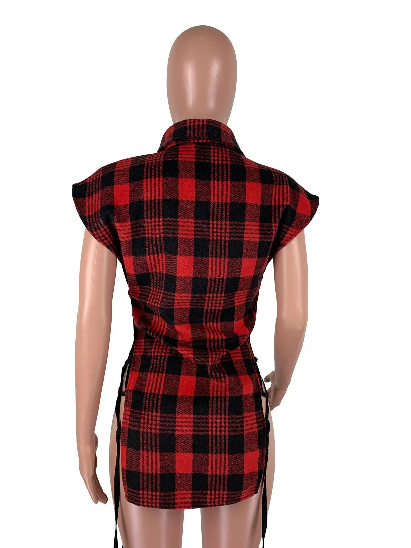 Plaid Lace Up Side Hollow Out Sexy Shirt