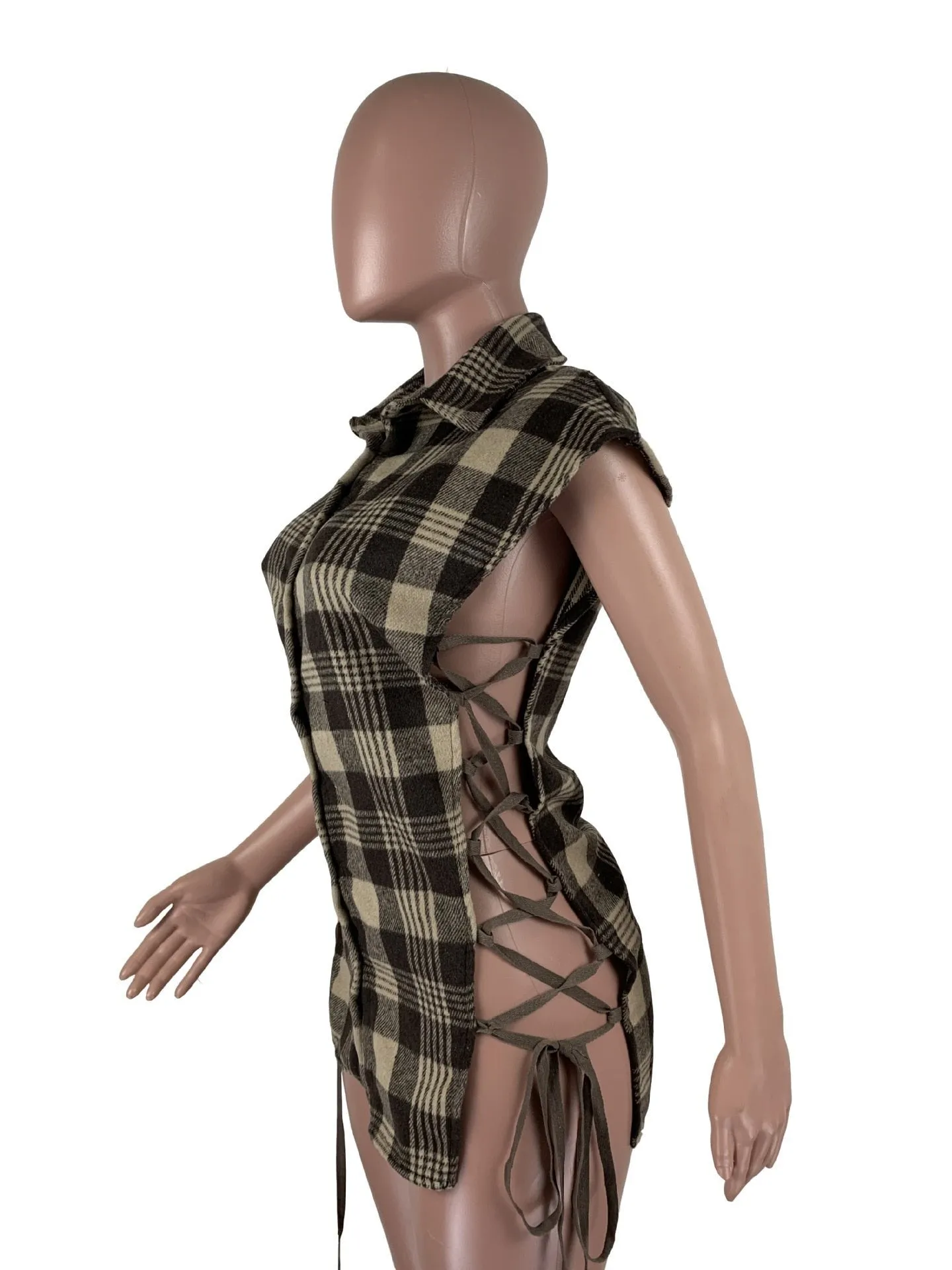Plaid Lace Up Side Hollow Out Sexy Shirt