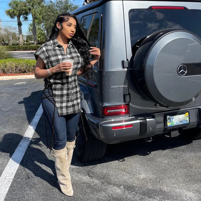 Plaid Lace Up Side Hollow Out Sexy Shirt