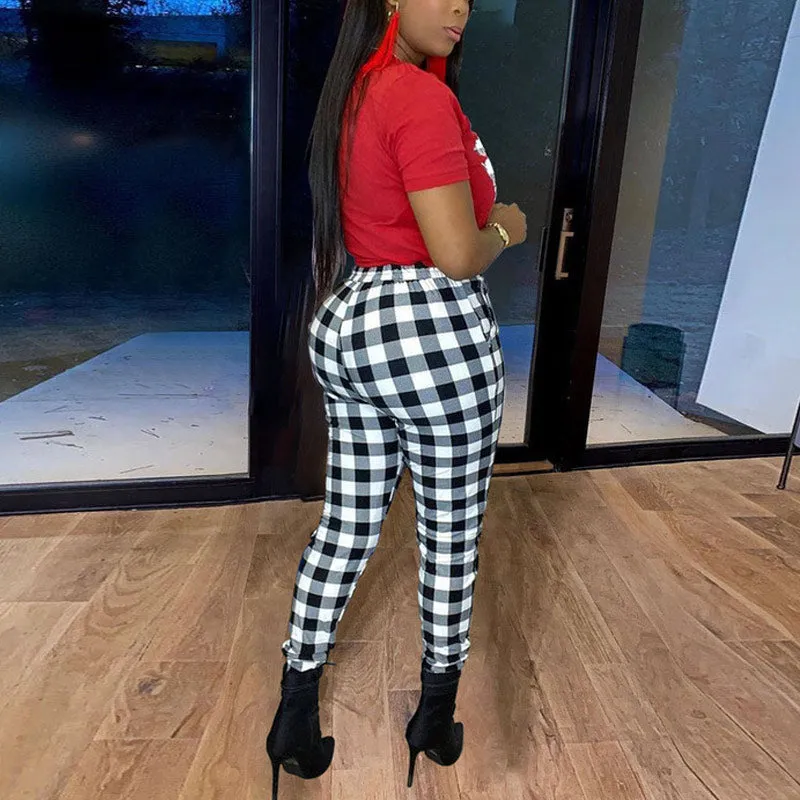 Plaid Patchwork Short Sleeve Top & Pants Set