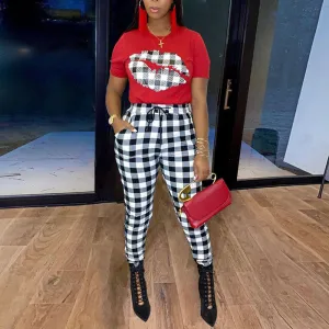 Plaid Patchwork Short Sleeve Top & Pants Set