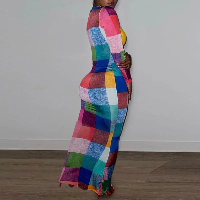 Plaid Pattern Deep V-Neck Long Sleeve Maxi Dress