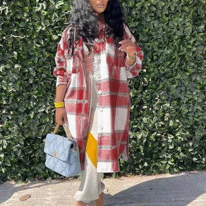 Plaid Pattern Long Sleeve Button Detailed Long Coat