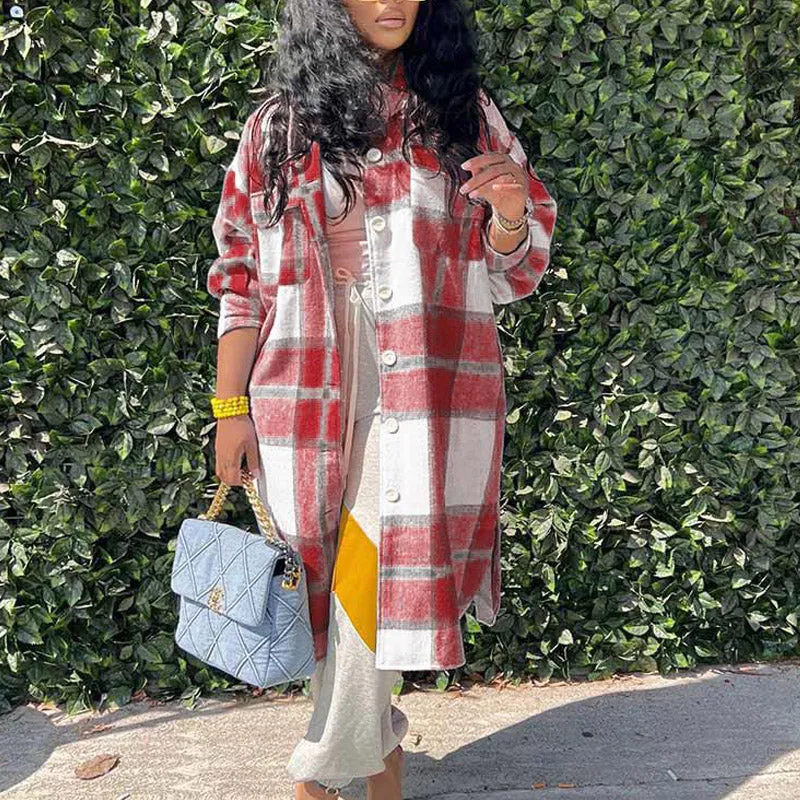 Plaid Pattern Long Sleeve Button Detailed Long Coat