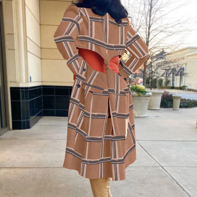 Plaid Pattern Long Sleeve Double Breatsed Cut Out Overcoat