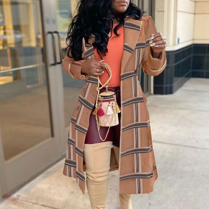 Plaid Pattern Long Sleeve Double Breatsed Cut Out Overcoat