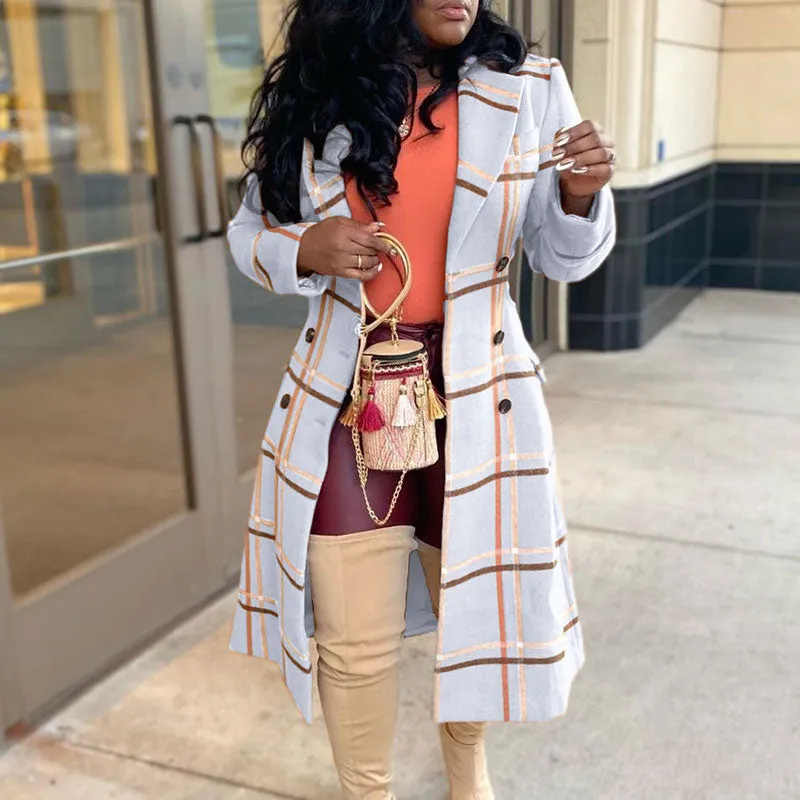 Plaid Pattern Long Sleeve Double Breatsed Cut Out Overcoat