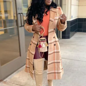 Plaid Pattern Long Sleeve Double Breatsed Cut Out Overcoat