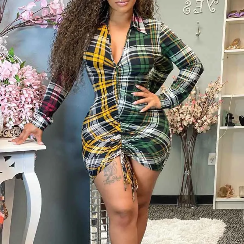 Plaid Pattern Long Sleeve Drawstring Shirt Dress