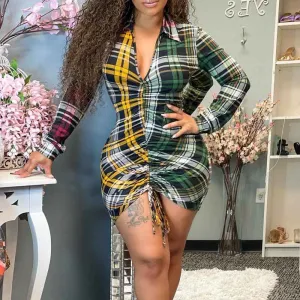 Plaid Pattern Long Sleeve Drawstring Shirt Dress