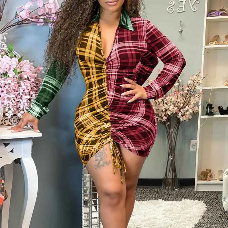 Plaid Pattern Long Sleeve Drawstring Shirt Dress