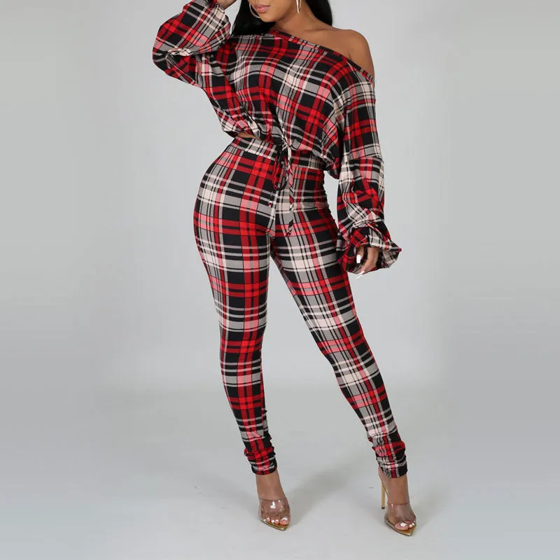 Plaid Pattern Long Sleeve Knotted Blouse & Pants Set