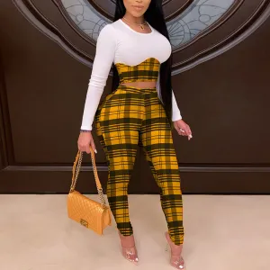 Plaid Pattern Long Sleeve Top & Pants Set