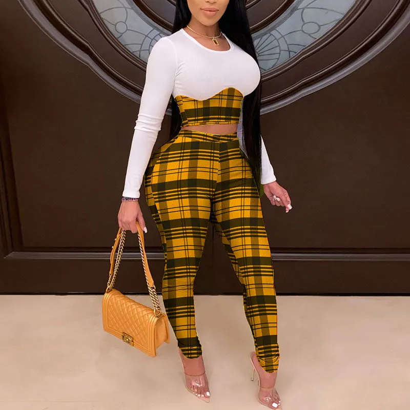 Plaid Pattern Long Sleeve Top & Pants Set