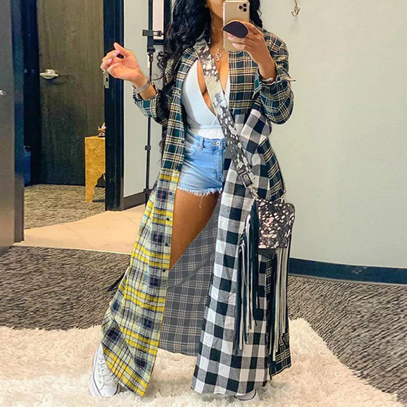Plaid Print Button Design Patchwork Long Sleeve Long Coat Cardigan