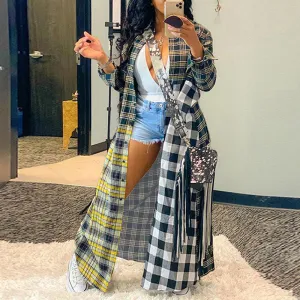 Plaid Print Button Design Patchwork Long Sleeve Long Coat Cardigan