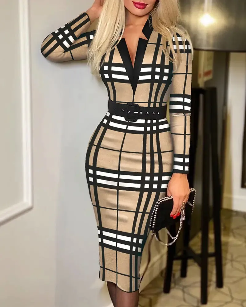 Plaid Print Long Sleeve Belted Work Dress - Tan