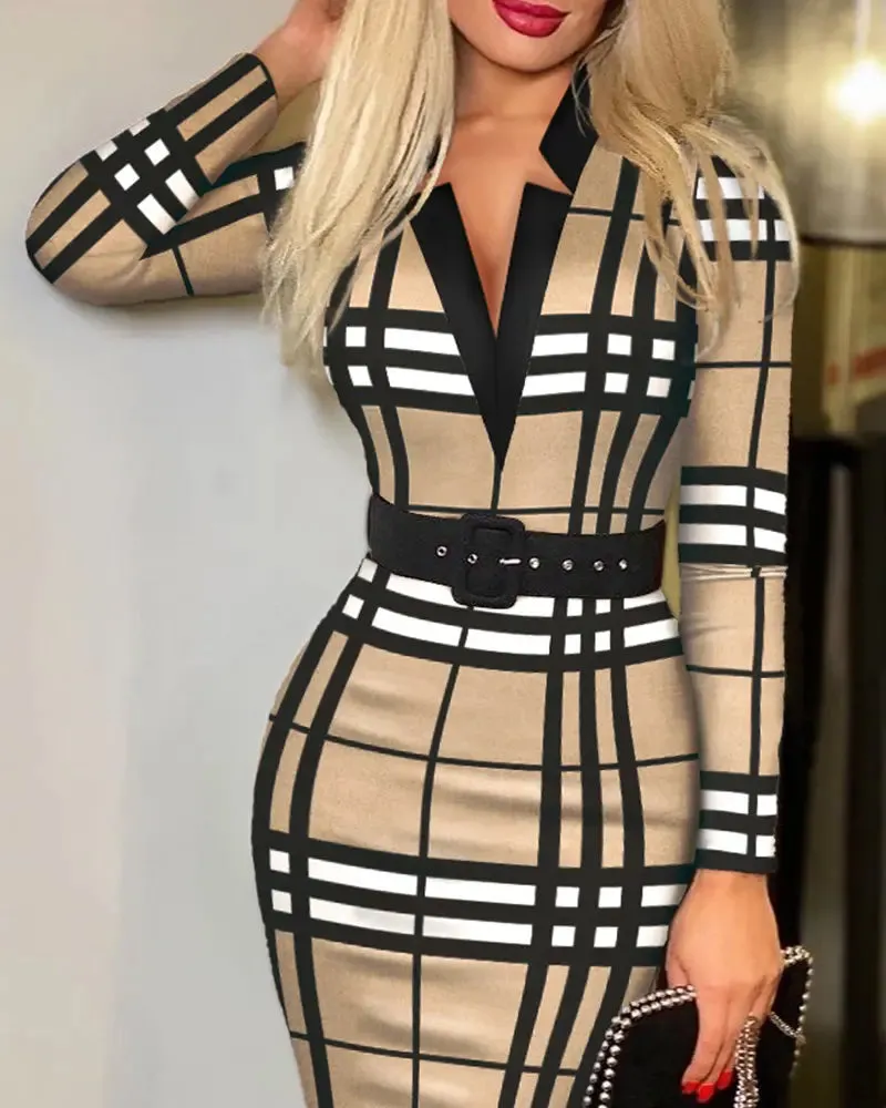 Plaid Print Long Sleeve Belted Work Dress - Tan