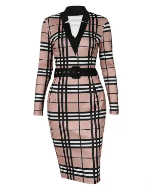 Plaid Print Long Sleeve Belted Work Dress - Tan