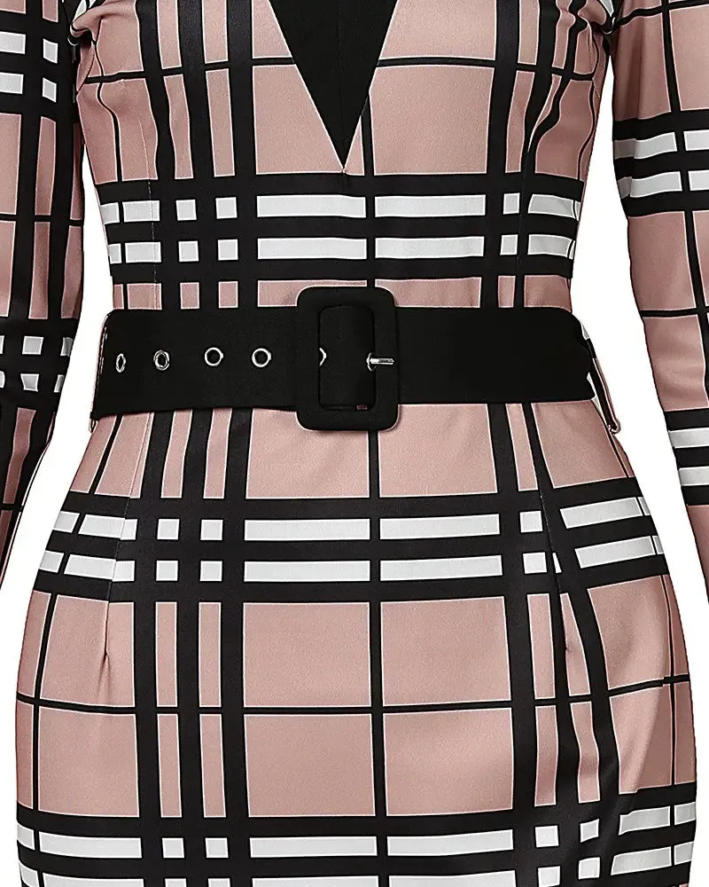 Plaid Print Long Sleeve Belted Work Dress - Tan