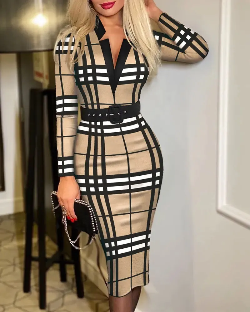 Plaid Print Long Sleeve Belted Work Dress - Tan