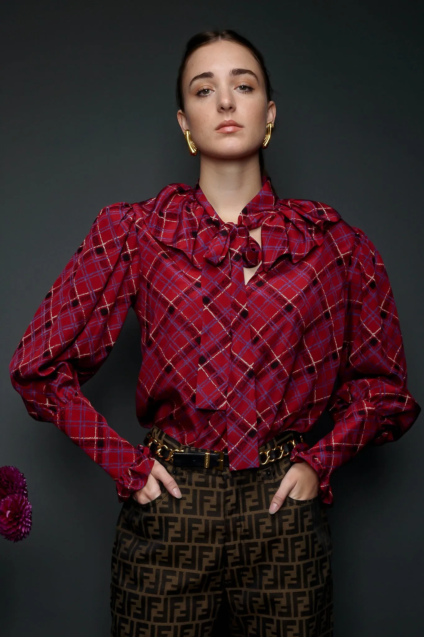 Plaid Ruffle Bow Blouse