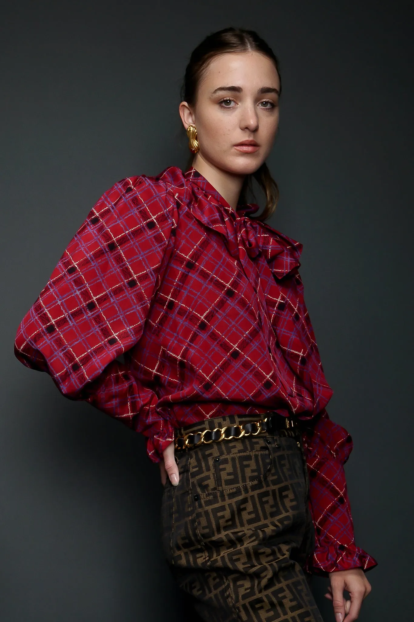 Plaid Ruffle Bow Blouse