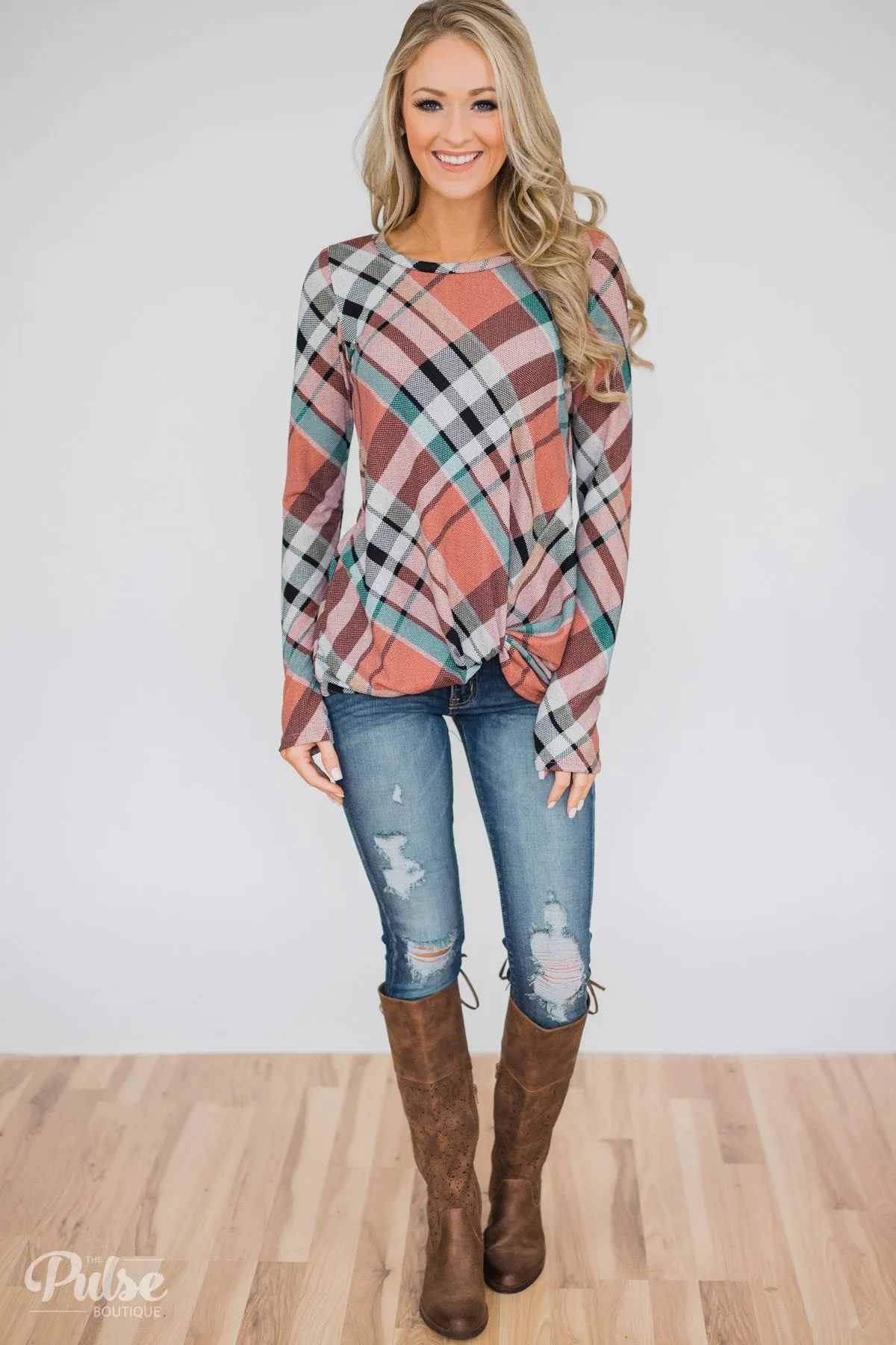 Plaid Twist Top- Peachy Orange