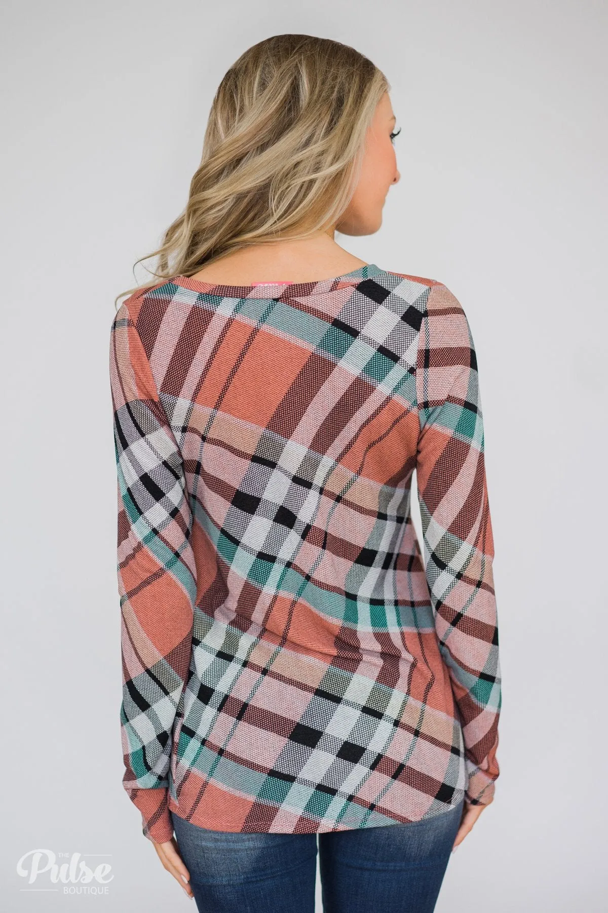 Plaid Twist Top- Peachy Orange