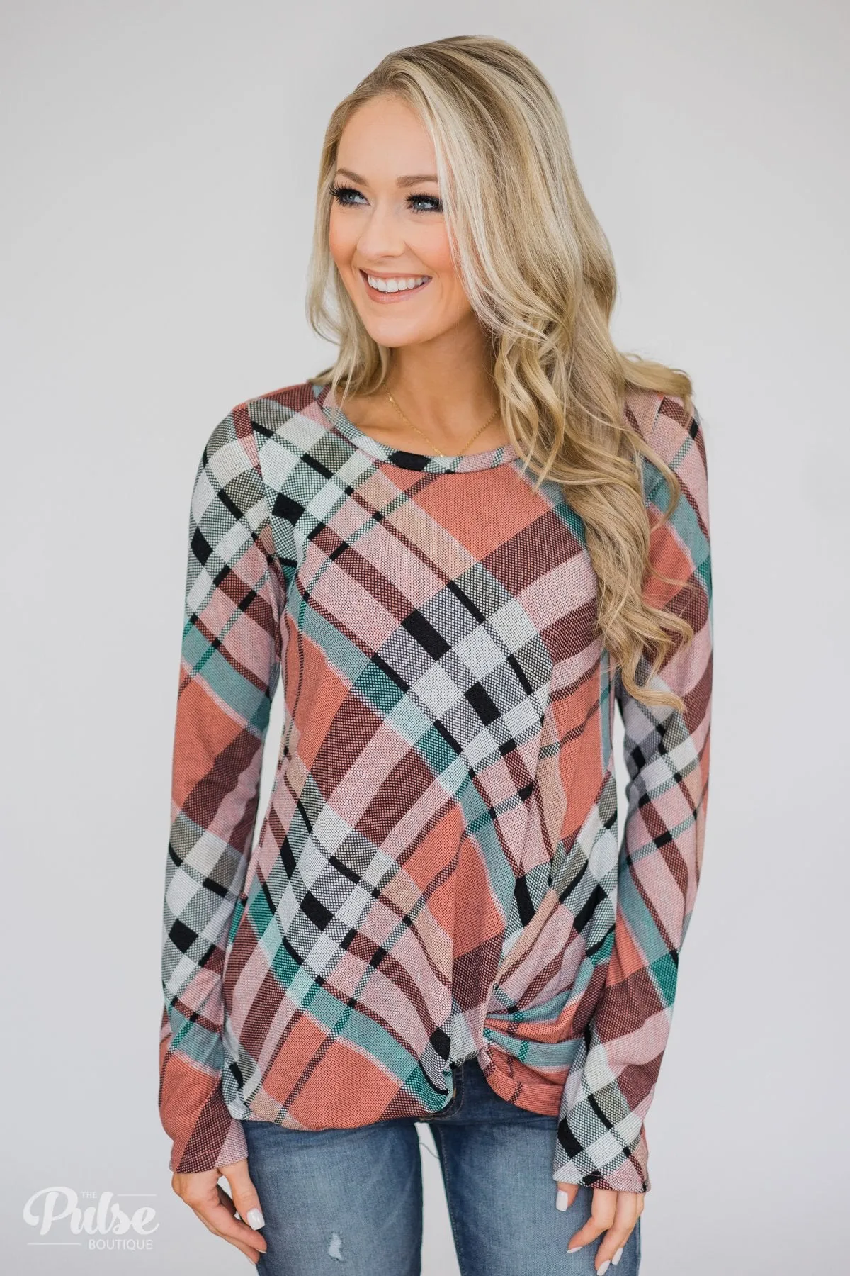 Plaid Twist Top- Peachy Orange