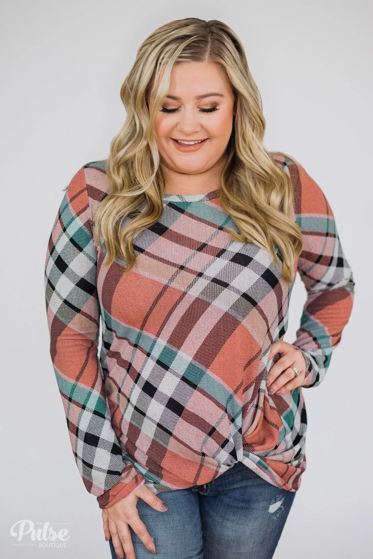 Plaid Twist Top- Peachy Orange