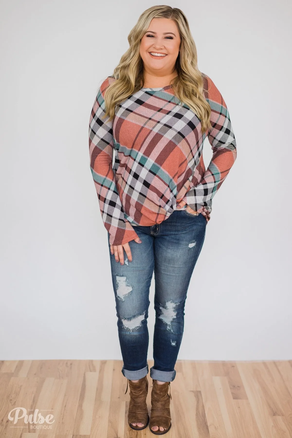 Plaid Twist Top- Peachy Orange