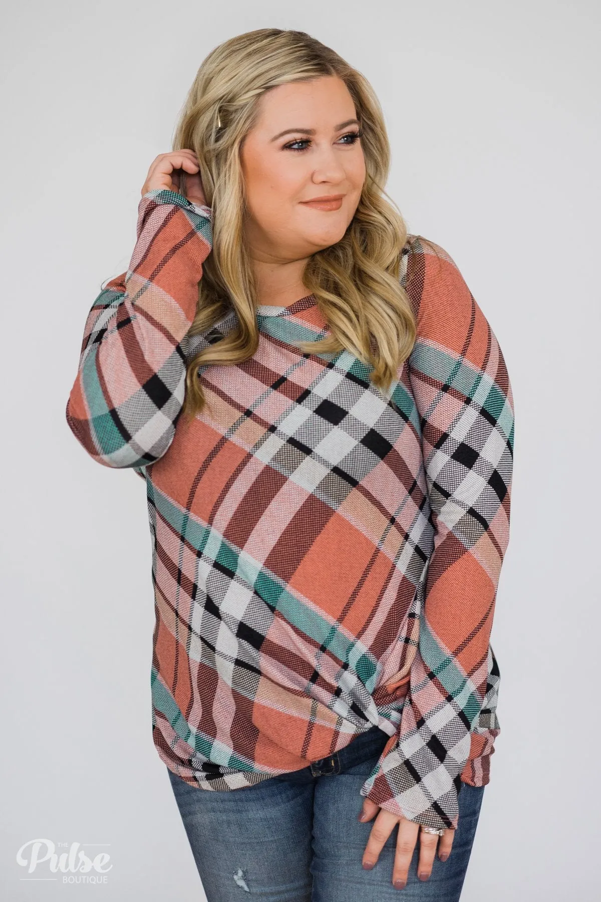 Plaid Twist Top- Peachy Orange