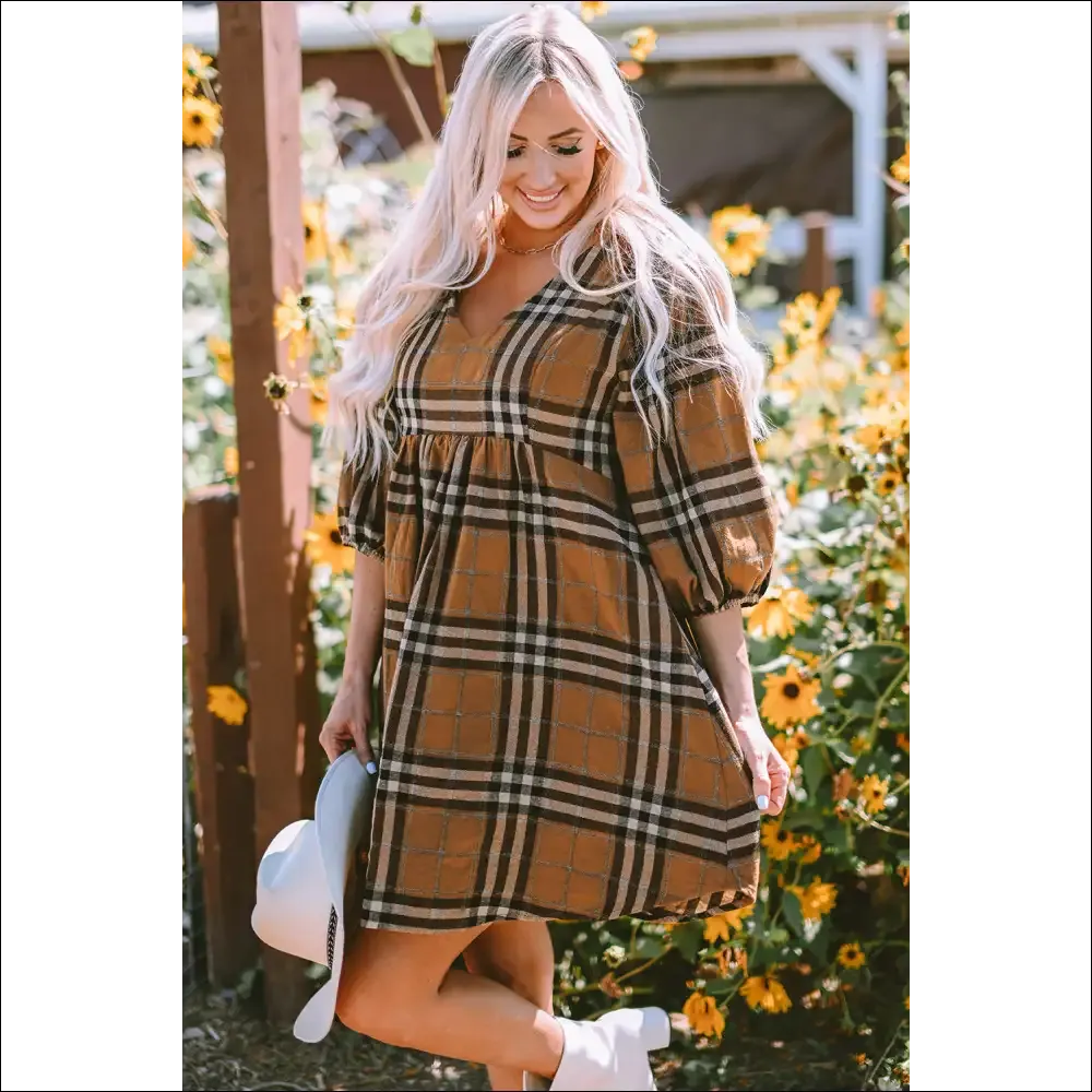 Plaid V-Neck Balloon Sleeve Dress