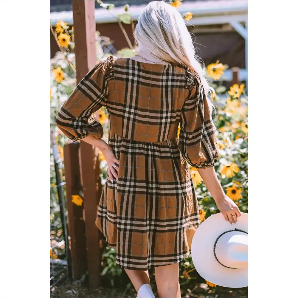 Plaid V-Neck Balloon Sleeve Dress