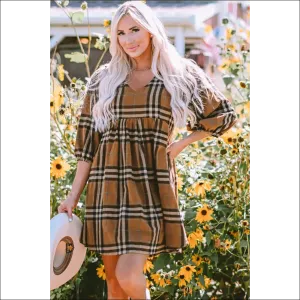 Plaid V-Neck Balloon Sleeve Dress