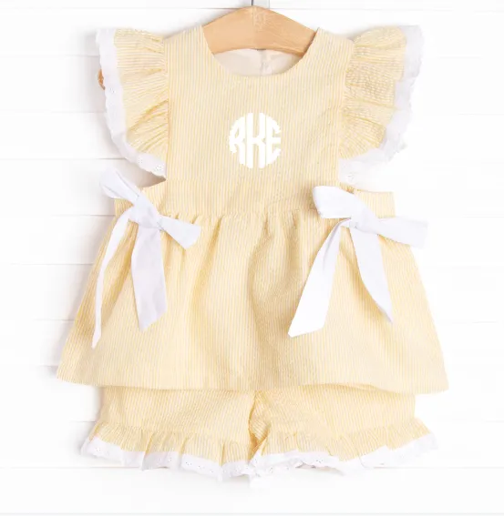 Plain Jane Ruffle Short Set, Yellow Seersucker