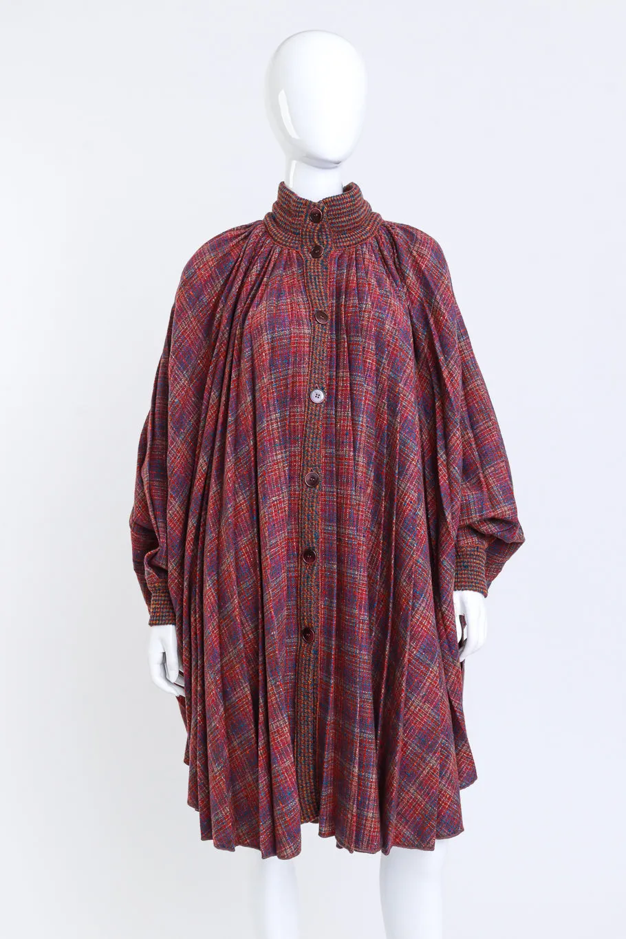 Pleated Plaid Wool Cape
