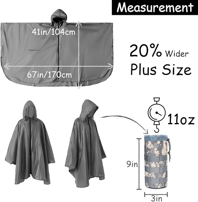 Plus Size Adult Rain Poncho with Hood and Zipper, Poncho Para Lluvia, Tactical Ponchos Adult For Camping, Hiking