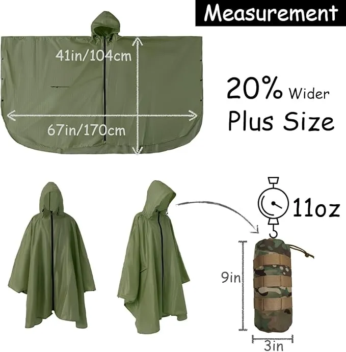 Plus Size Adult Rain Poncho with Hood and Zipper, Poncho Para Lluvia, Tactical Ponchos Adult For Camping, Hiking