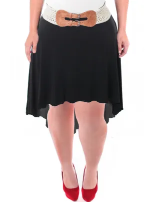 Plus Size Belted Dip Hem Black Skirt