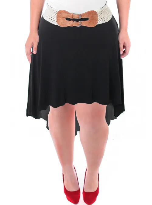 Plus Size Belted Dip Hem Black Skirt
